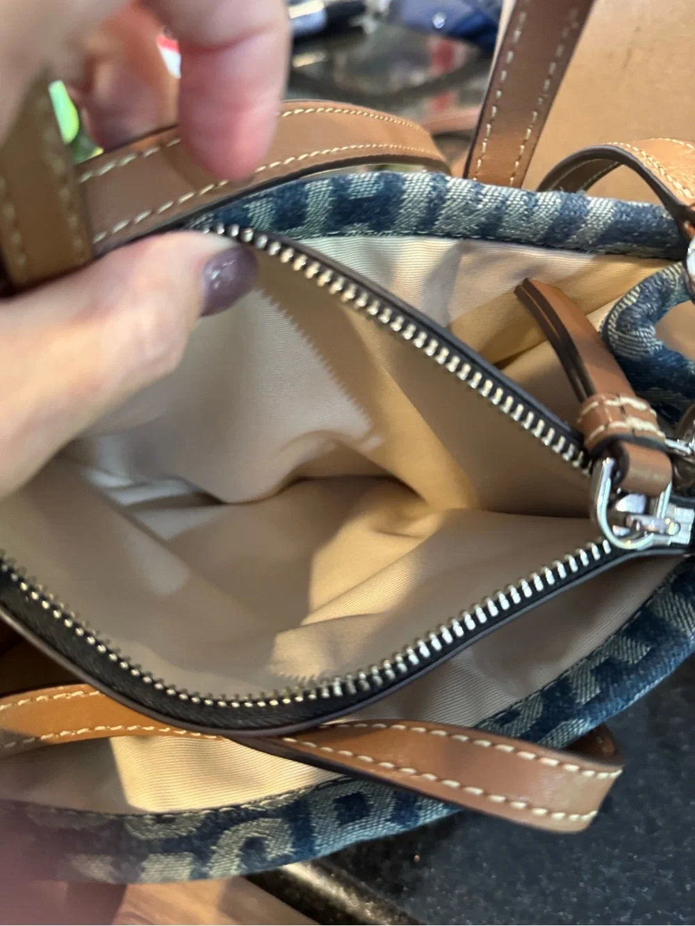 Marc Jacobs Blue Denim Logo Crossbody with Tan Leather Trim